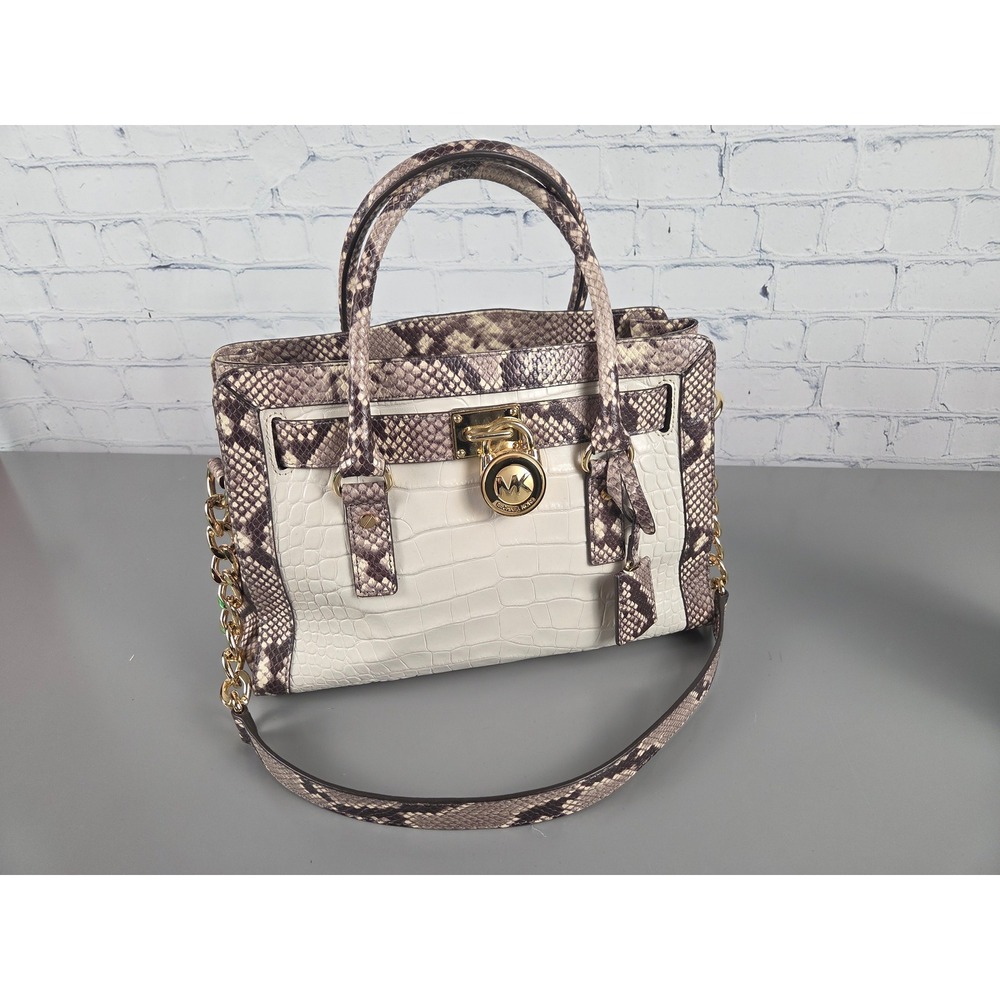 Michael Kors Hamilton Frame Out Med. Satchel Bag Ecru Crocodile/ Taupe Snakeskin